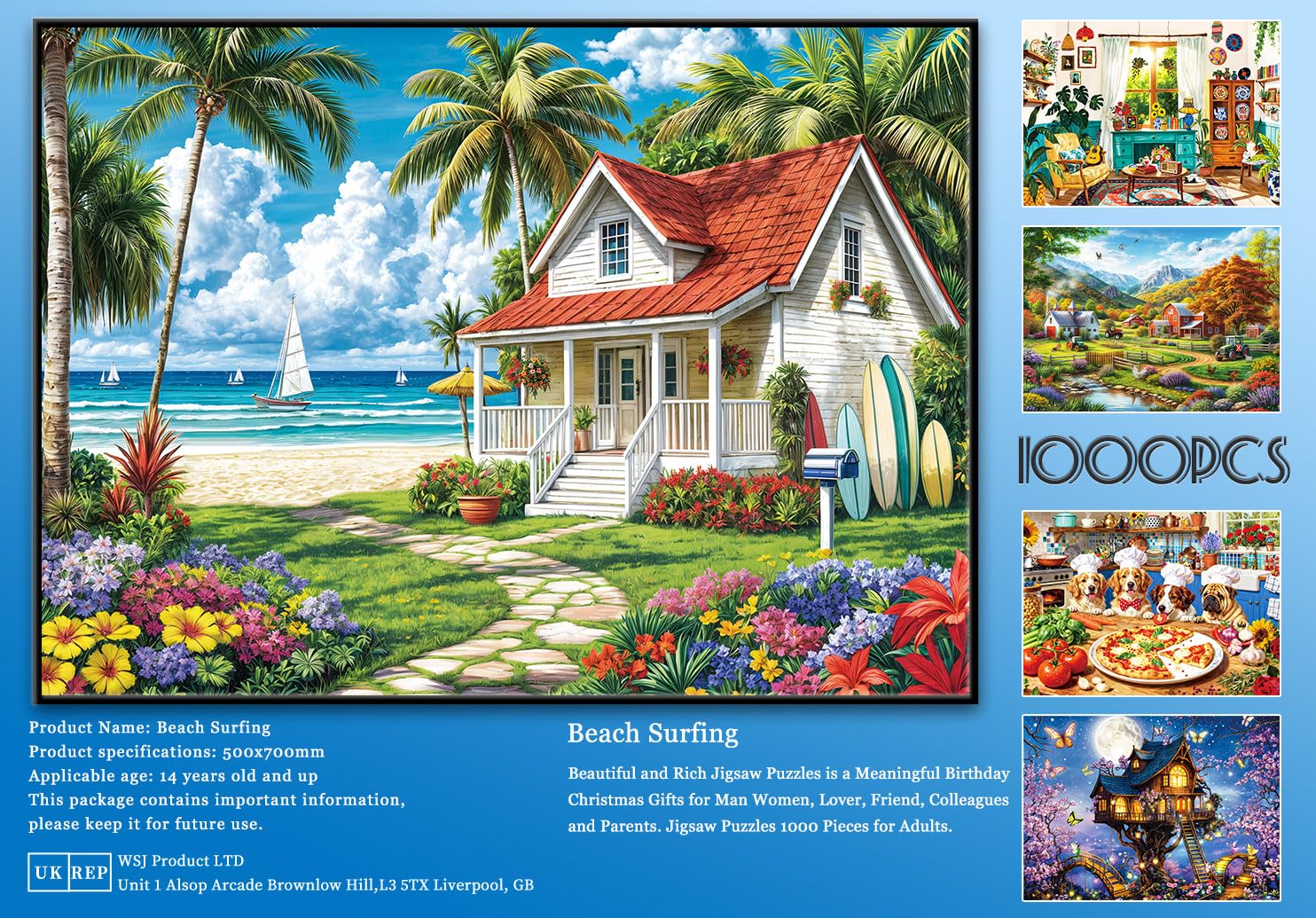 Puzzle für Erwachsene 1000 Teile Puzzle für Erwachsene 1000 Teile Puzzle 1000 Teile Sommer Strand Urlaub Surfen Kokospalmen Holzhäuser