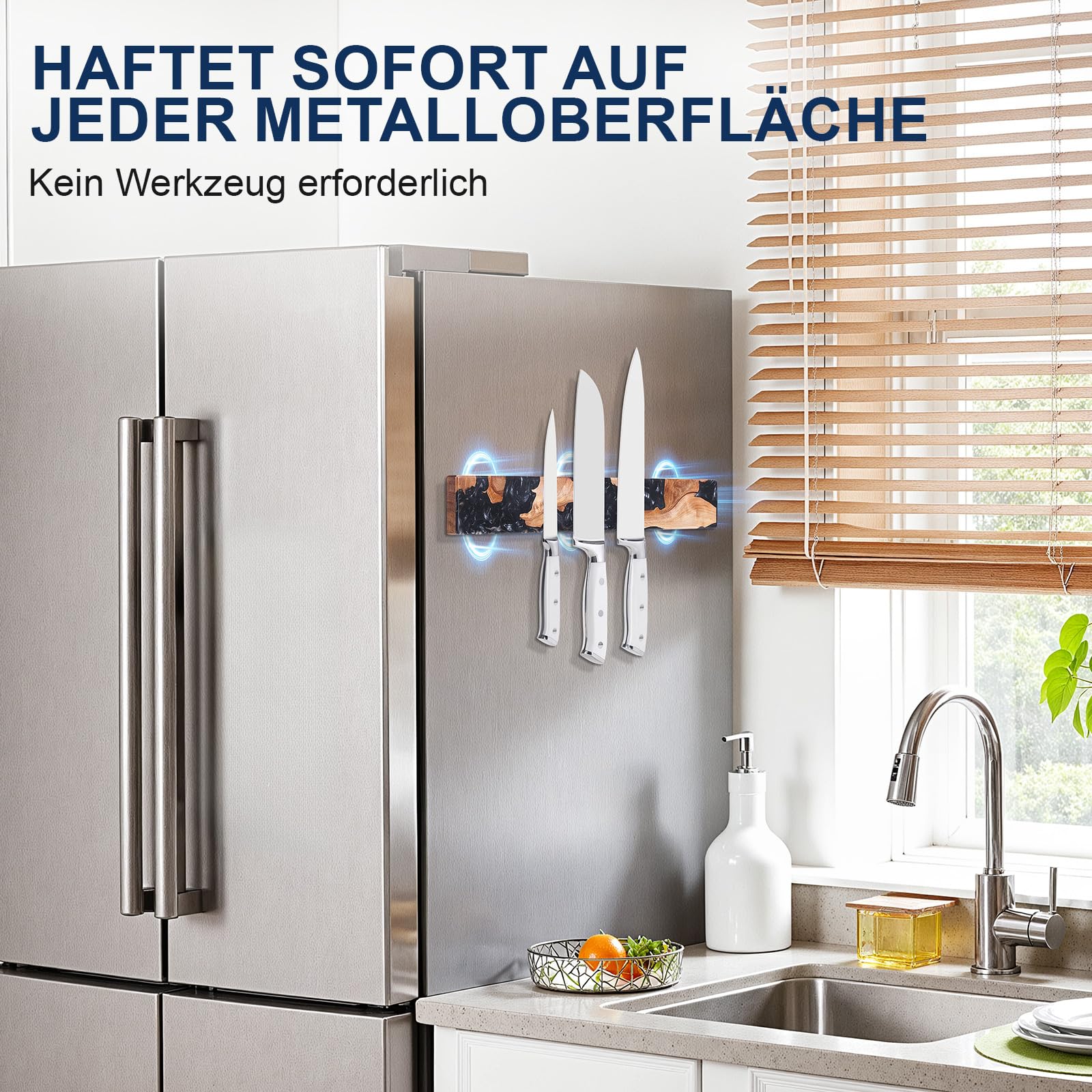 ENOKING Magnetische Messerleiste 40cm, Magnet Messerhalter aus Akazienholz & Schwarzem Resin, Magnetischer Messerhalter Wand mit Starker Magnetkraft, Messerleiste Wandmontage mit Kleben oder Bohren