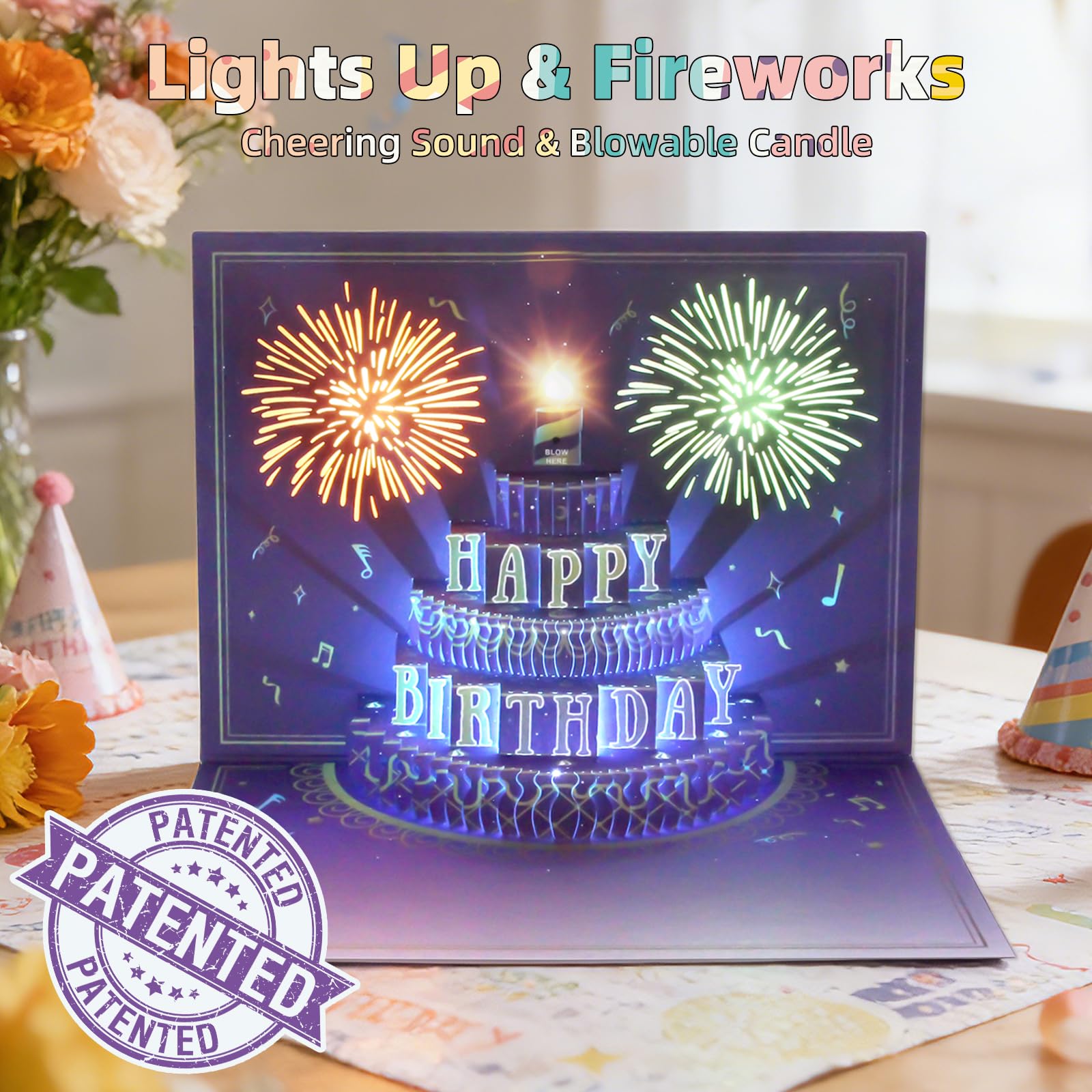 XTF2015 Happy Birthday Karte, Lichter & Musik & Sound Feuerwerk Kuchen 3D Pop Up Geburtstagskarte Geschenk mit Umschlag und Notizanhänger für Frauen, Männer, Kinder, Ehefrau, Mutter, Ehemann