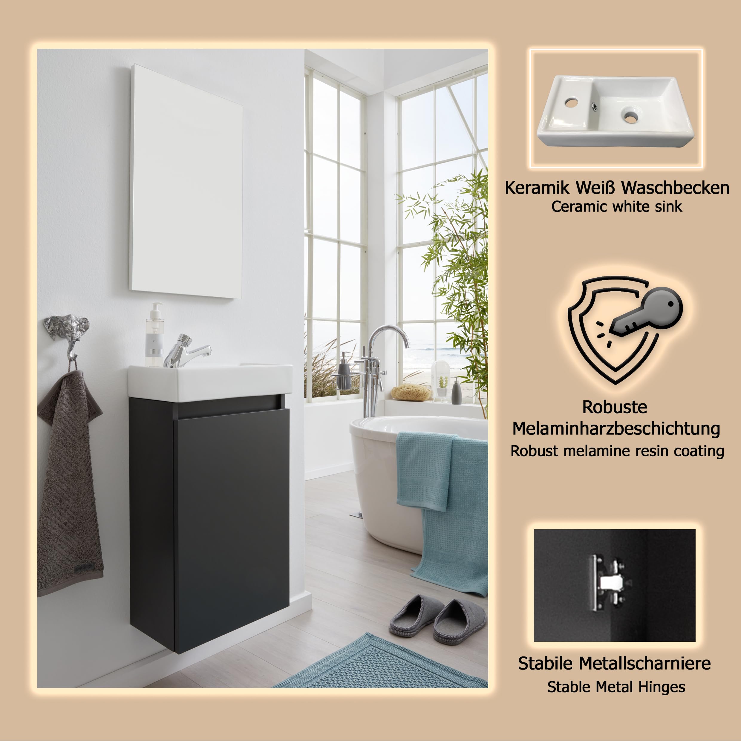 trendteam smart living - Champ - kompaktes Badmöbel-Set (WBU + Waschbecken + Spiegel) - Grau - (BxHxT) 40 x 60 x 21/39 x 60 x 2 cm - Kratzfest