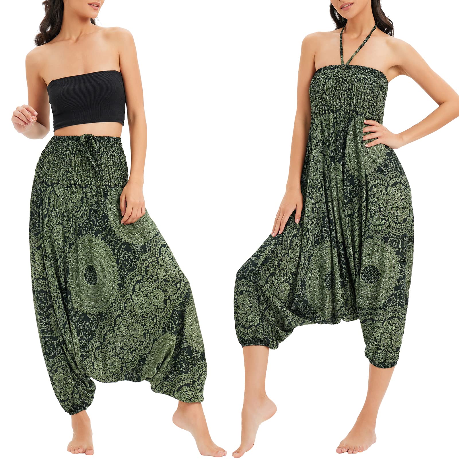 Pantalon de pêcheur Sarouel pour Femmes, Combinaison à Motifs, épaules dénudées, Barboteuse Baggy, Taille Haute, Pantalon Confortable, Plage d'été