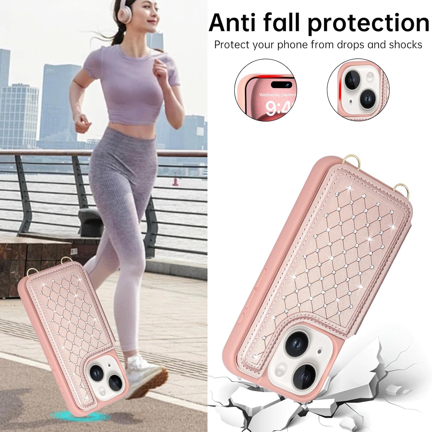 for iPhone 13/iPhone 14 Wallet Case with Card Holder Slots and Strap, RFID Blocking Magnetic Flip Folio Cover, Crossbody Purse Protection Case with Kickstand,Rose Gold Diamond - Image 8