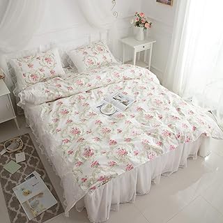 LELVA Girls Bedding Set Lace Ruffle Duvet Cover Sets with Bed Skirt Princess Bedding Set Vintage Floral Print Duvet Cover Queen Size 4 Piece (Queen, White)