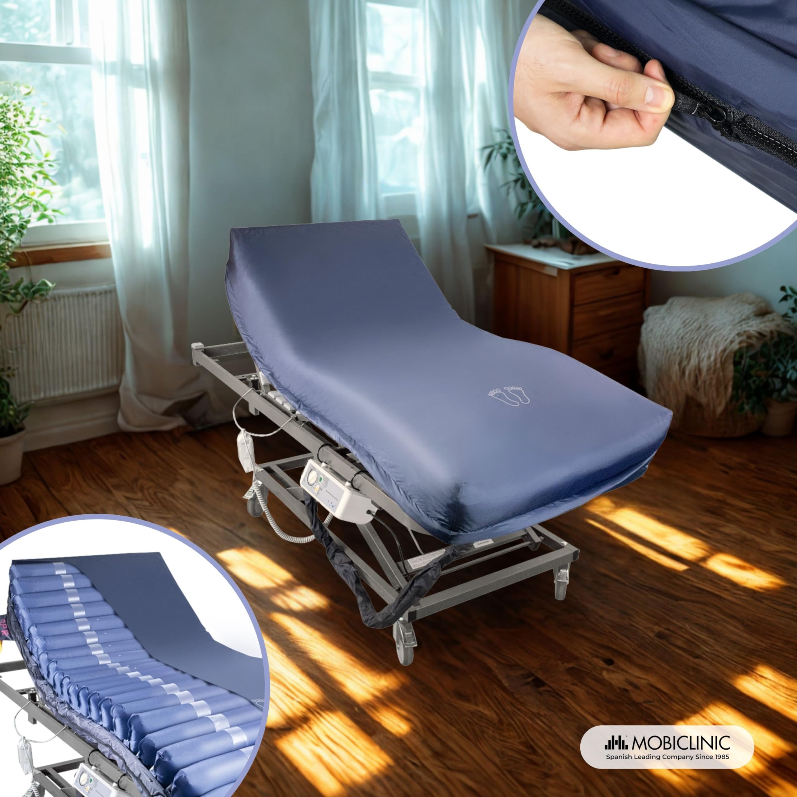 Mobiclinic® pro, Materasso antidecubito ad aria alternata, 200x120x22, Mobi 4 plus, Larghezza 120cm, Con compressore silenzioso, Tpu nylon, 20 celle d'aria, Per piaghe di i, Ii, Iii, Iv grado, Blu