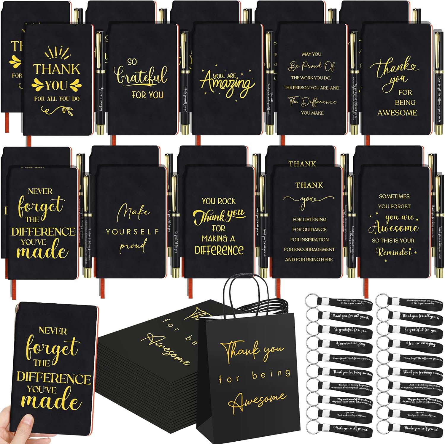 AmazingSpark 20 Sets Employee Appreciation Gifts Bulk Thank You Gift Bags Motivational Notebooks and Ballpoint Pens Sets Inspirational Keychains for Coworker Staff Teacher Office Team, Black
