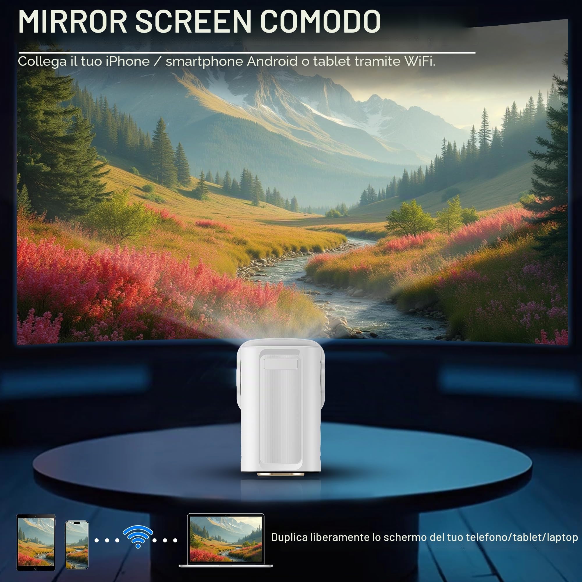 Mini proiettore 1080P video portatile 4K WiFi 6 Android 11 per telefono/PC/laptop/chiavetta, HDMI Home Theater rotazione di 180°