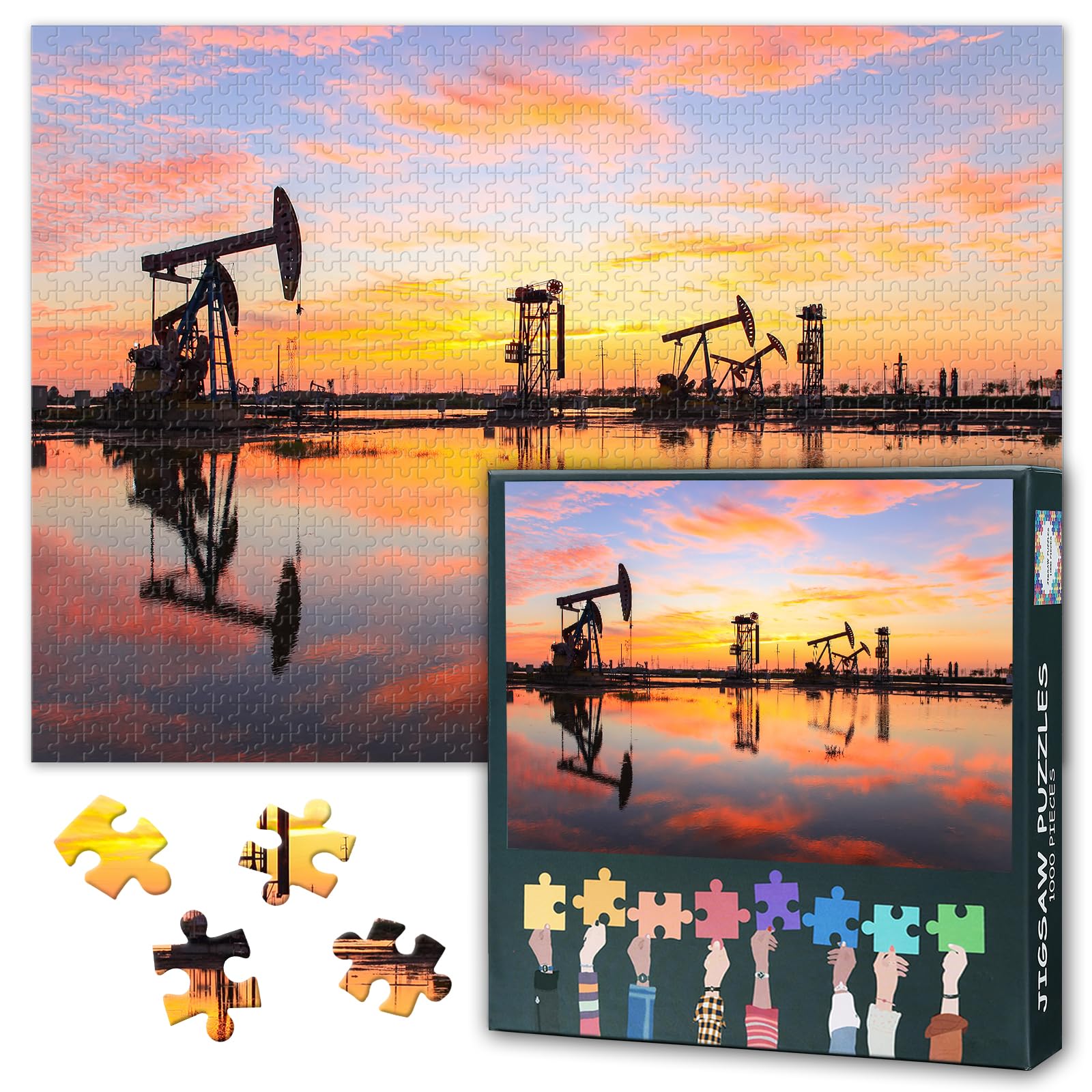 Jigsaw Puzzle 1000 Pieces for Adults Oil Field at Sunset Pump Jack Reflection in Water Industrial Landscape Wall Art for Office Decor Large 27.5x19.7 Inch