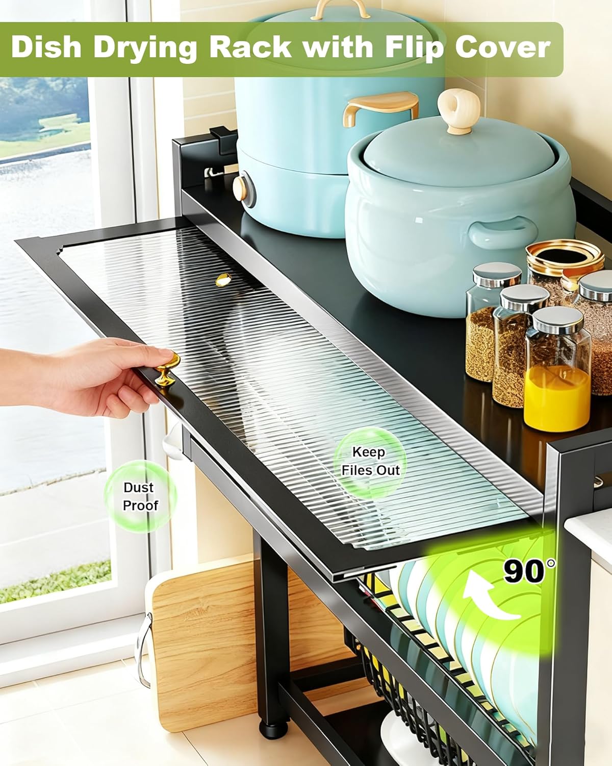 Over The Sink Dish Drying Rack with Cover 2 - Tier Large Dish Drainer Racks for Kitchen Counter Space Saving Sink Storage Organizer for Dishes, Glasses, Bowls & Cutlery Black