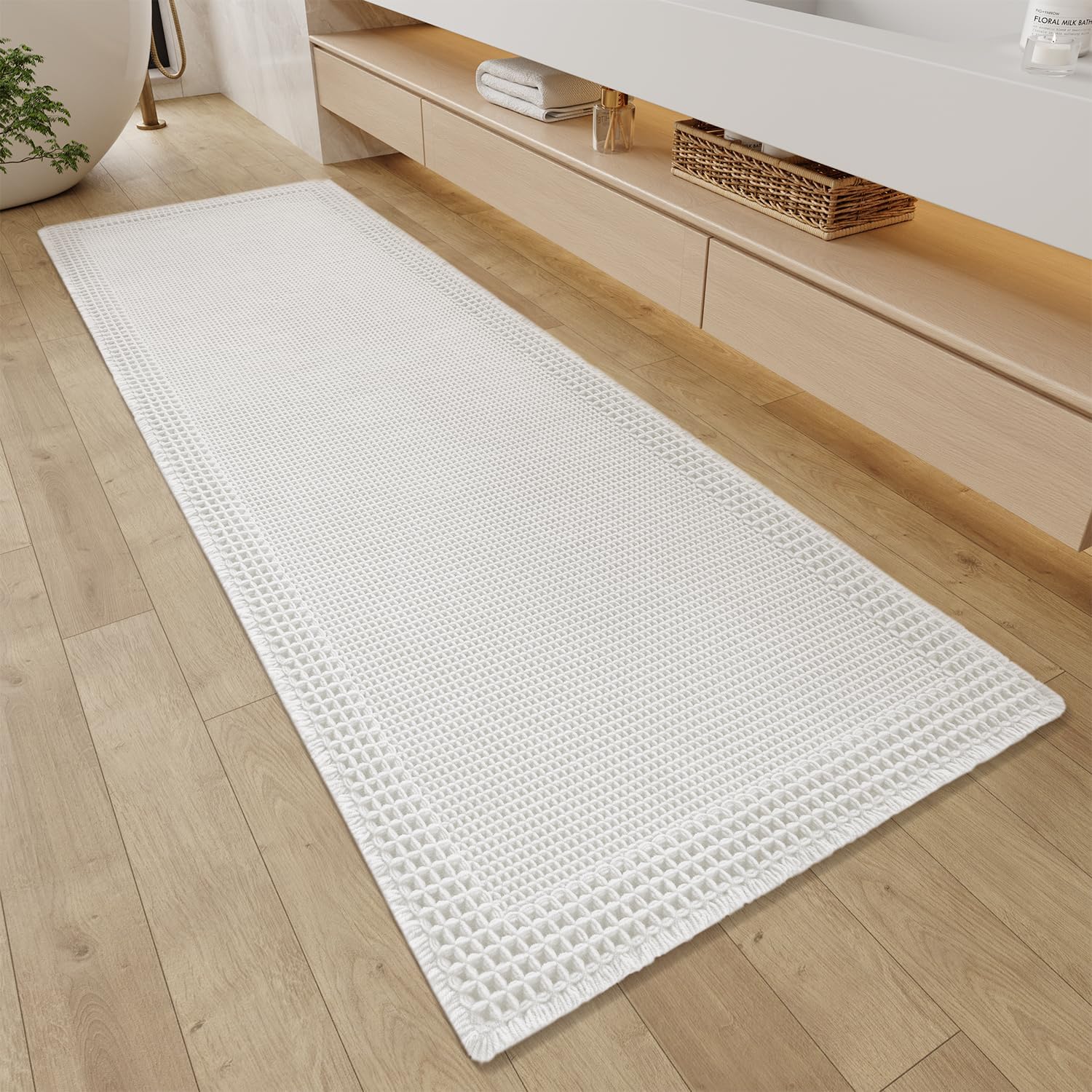 RESARE Waffle Bathroom Runner Rugs, Super Absorbent Bath Mat Non Slip Washable Quick Dry, Ultra Soft Quick Dry Boho Bath Rugs with Tassels for Hallway Bedroom Laundry Room, 2'x6'(24"x72"), White 2'x6' White
