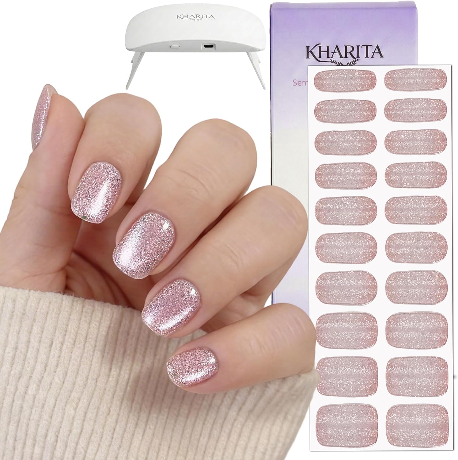 Semi Cured Gel Nail Strips – Real Gel Nail Polish Wraps for Brittle Nails | Long Lasting Easy Peel-Off Removal | Hema-Free | 20-Piece Glitter Cat Eye Pink Salon Sticker Kit with UV Light