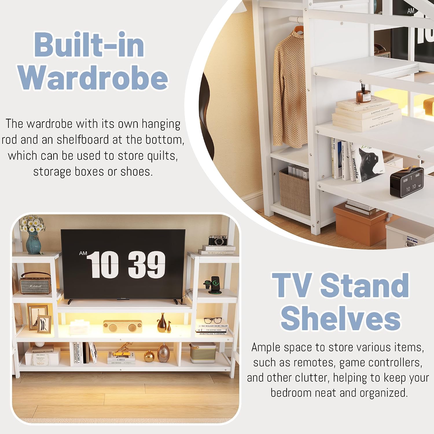 Full Size Loft Bed with Stairs,Metal Gaming Loft Bed with TV Cabinet,LED and Charging Station, High Loft Bed Full with Storage Shelves and Wardrobe for Kids Teens, Adults, White