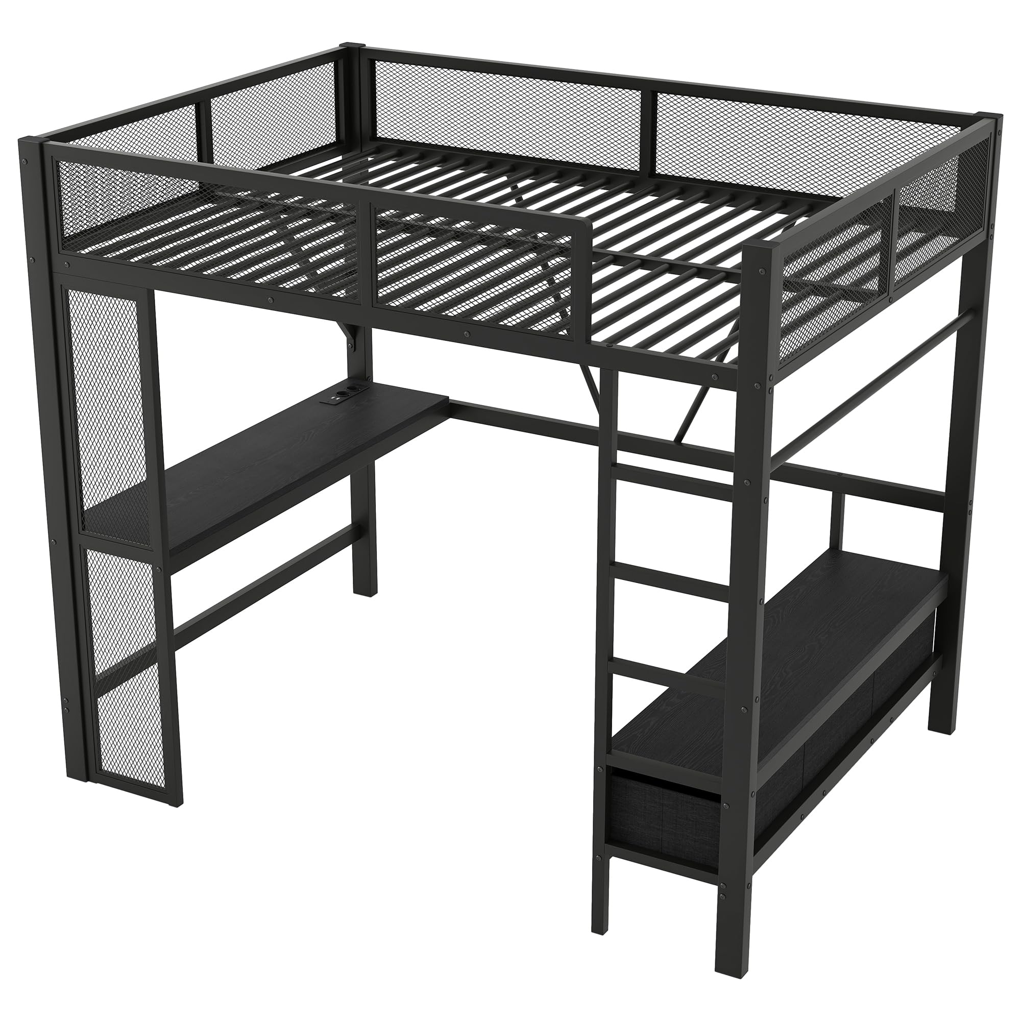 Lit Mezzanine 140x200 cm avec Port USB et Eclairage LED, Lit Bureau avec Armoire Ouverte et 3 Tiroirs à Linge, Lit Hauteur Enfant avec Bureau en Métal, Gain de Place (Noir)