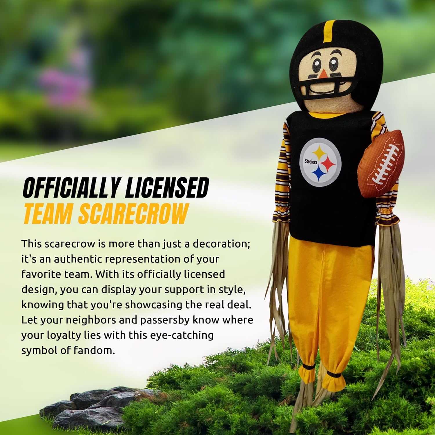 Sporticulture NFL Pittsburgh Steelers Scarecrow With Stake Pole & Complete Football Uniform Set - 60" x 12" x 3.5" Outdoor Sports Decoration Perfect For A Front Yard, Garden, Or Tailgating