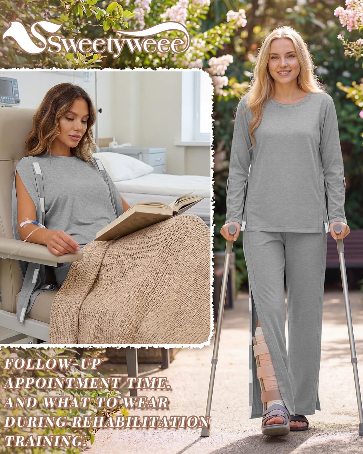 Women's Hospital Gown Set Long Sleeve Bedridden Patient Adaptive Clothing Tear Away Shirt and Pants for Easy Care