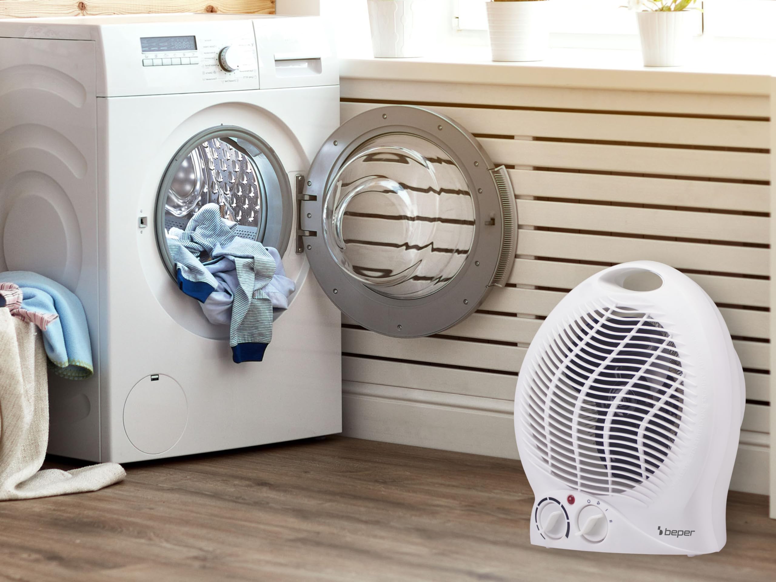 BEPER P203TER202 radiateur soufflant salle de bain, Chauffe-ventilateur, 2000W, 2 Puissances sélectionnables, Chauffe-ventilateur compact avec thermostat réglable, Mode éco et arrêt automatique, Blanc