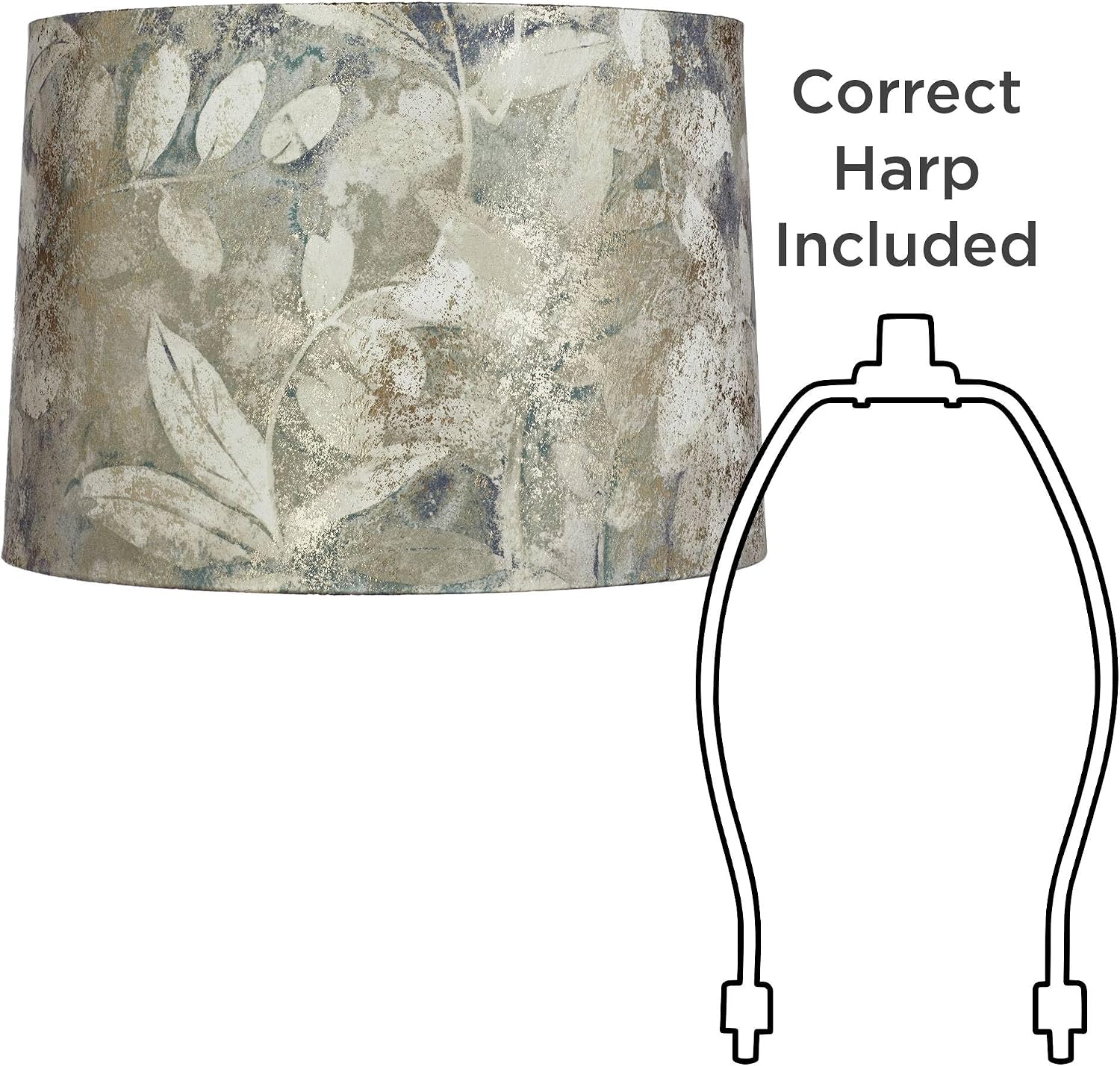 14" Top x 15" Bottom x 10" High x 10 1/2" Slant Print Lamp Shade Replacement Large White Gray Drum Round Tapered Farmhouse Coastal Velvet Fabric Leaves Pattern Spider Harp Finial - Springcrest