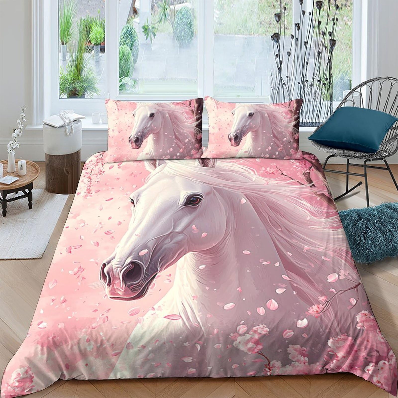 Ctjqhvkz Style-8 3D Printed White Horse Fitted Sheet Microfiber Pink Blossom Mattress Cover For Bedroom Guest Room Dustproof Decor Single（135X200cm）