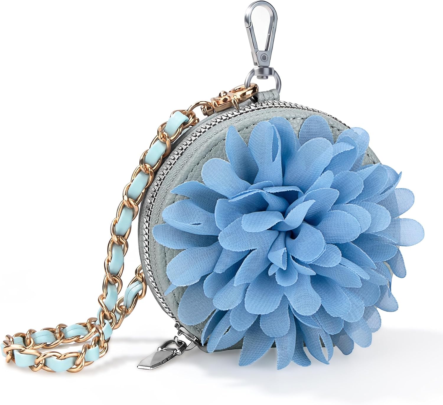 Small PU Leather Round Coin Purse with Flower Design for Women Change Purse for Girls Zipper Coin Pouch Wallet with Key Chain & Wristlet