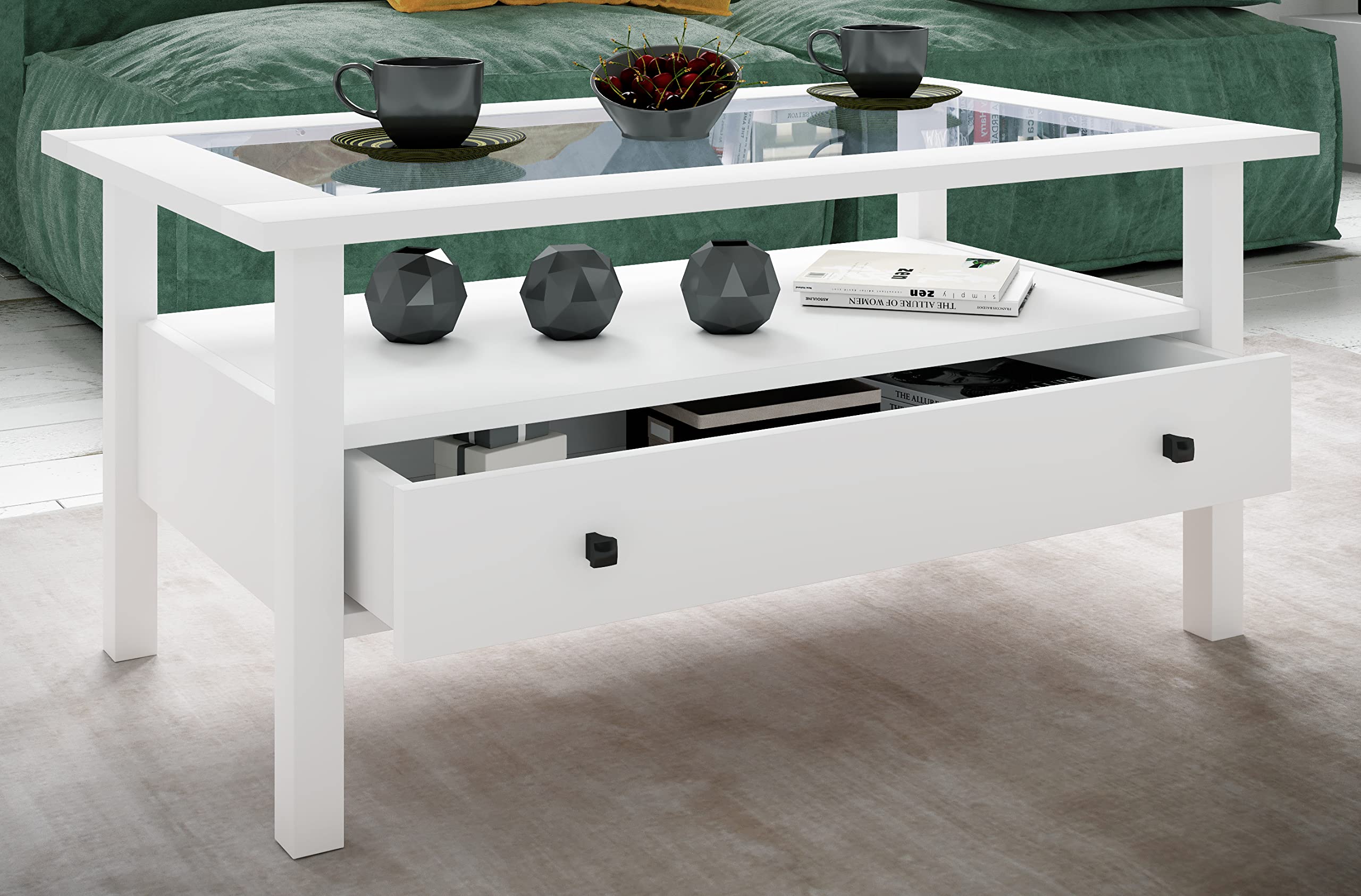 VCM Holz Beistelltisch mit ESG-Sicherheitsglas | Couchtisch Schlicht | Maße ca. H. 42 x B. 90 x T. 54 cm | Wohnzimmertisch mit Schublade | Sofatisch - Lingis L Weiß