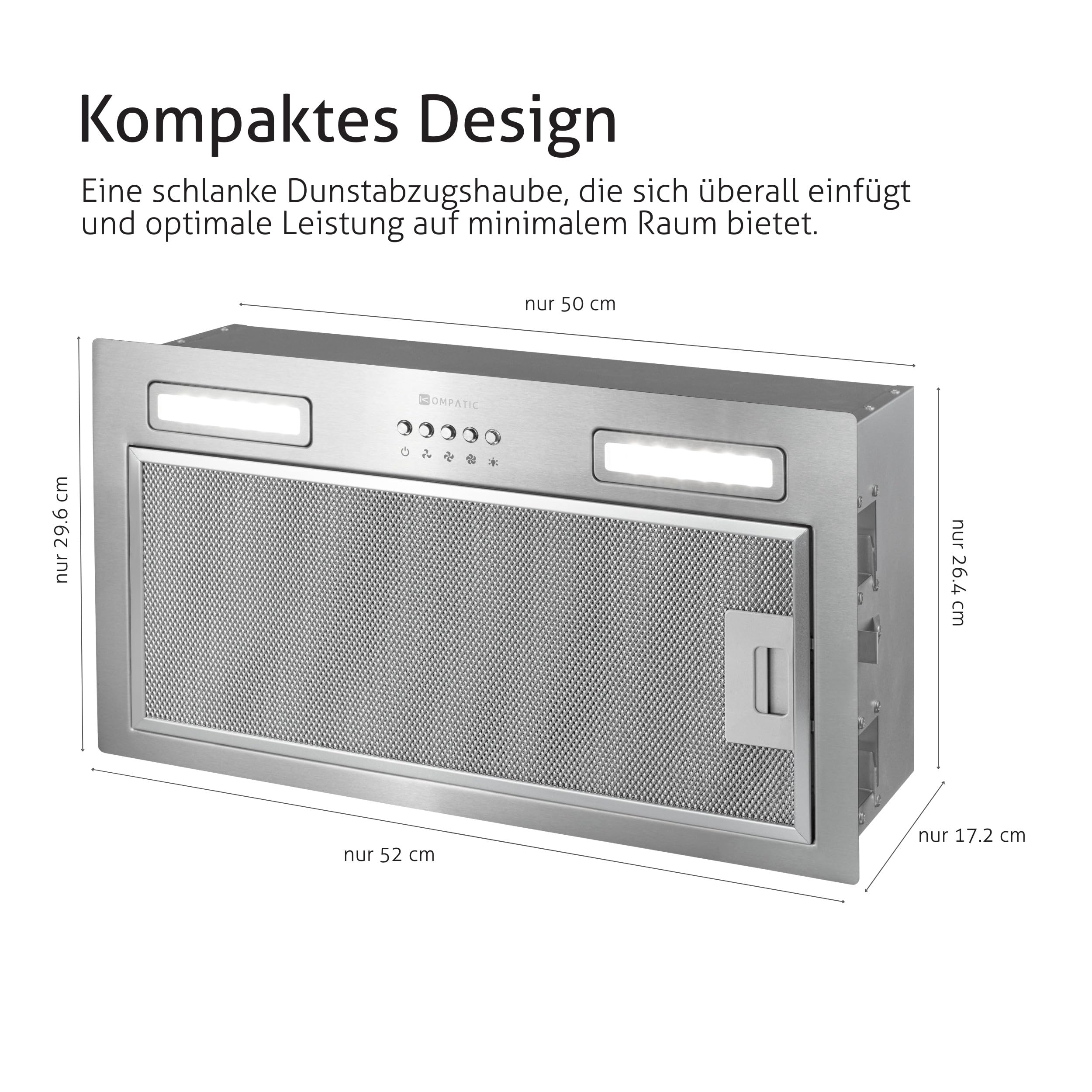 Lane 50 KLN50SIEinbau Dunstabzugshaube, A+++, 50 cm, 450 m³/h, Aktivkohlefilter KCF4 inklusive, Abluft/Umluft, Elektronische Steuerung, LED-Beleuchtung, 3 Stufen + Boost, Silber