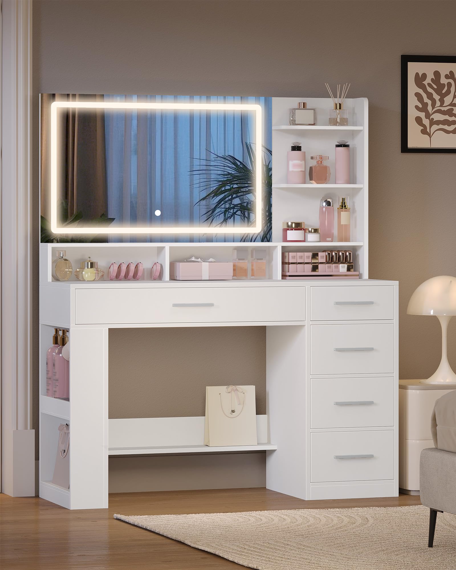 Hzuaneri Coiffeuse avec HD Miroir,Coiffeuse avec éclairage LED, 6 Compartiments Ouverts, 5 Tiroirs et Rangements Latéraux. Moderne, Blanc DT44003XEU