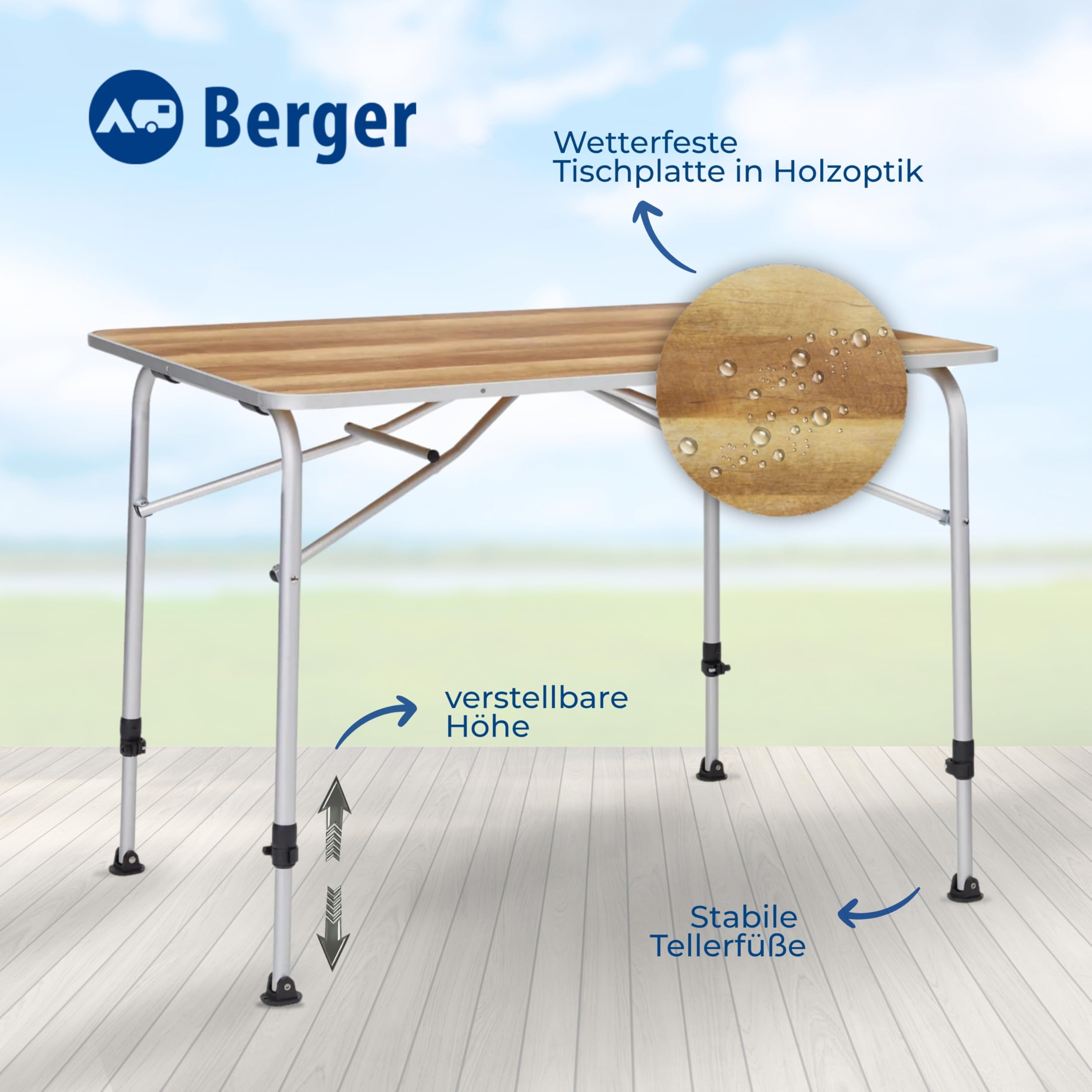 BERGER Livenza Campingtisch - Klapptisch Höhenverstellbar Alu Campingtisch Klappbar Camping Tisch Gartentisch Klappbar - Falttisch Esstisch Balkon Klapptisch Garten Terrasse (Hell, 100 x 68 cm)