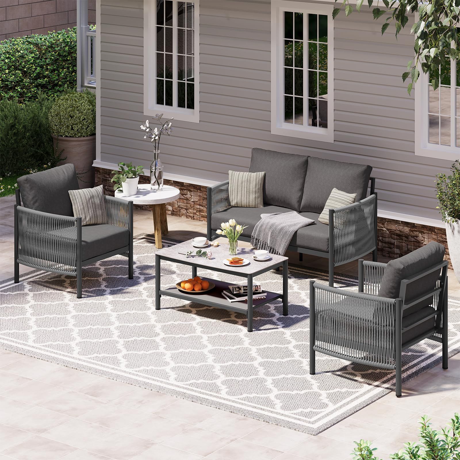Aluminum Outdoor Patio Furniture Set with Dual-Layer Coffee Table, 4 Piece Modern Patio Conversation Sets with PE Rope, Charcoal