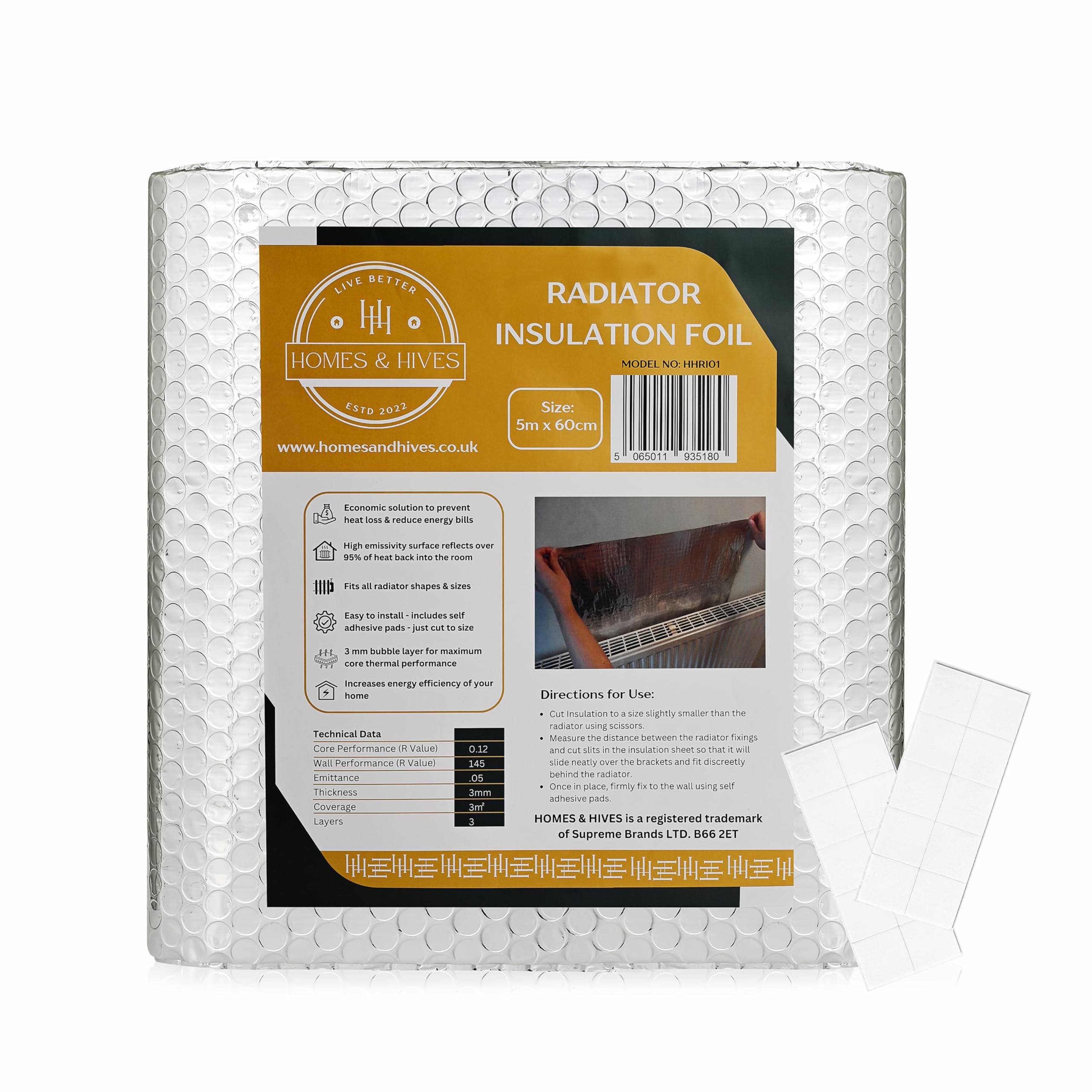Homes and Hives Radiator Reflector Foil 5m x 60cm – 3mm Thick Energy Saving Radiator Foil Roll – Reduces Heat Loss, Saves Energy & Money – Easy-to-Install Radiator Heat Deflector Insulation Panels