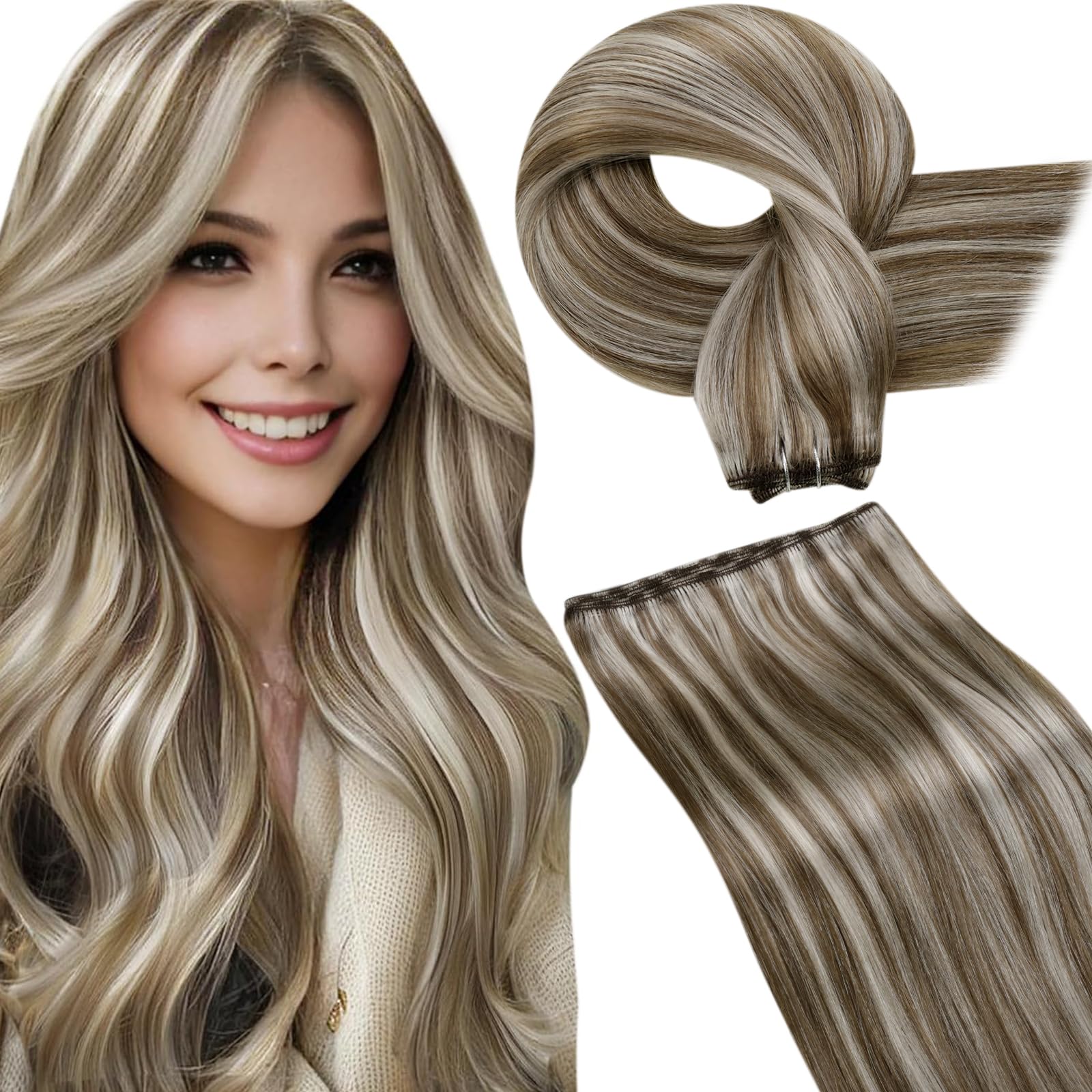 LaaVoo Sew in Hair Extensions Real Human Hair Brown Weft Hair Extensions Brown Highlighted Platinum Blonde Human Hair Weft Extensions Short Straight