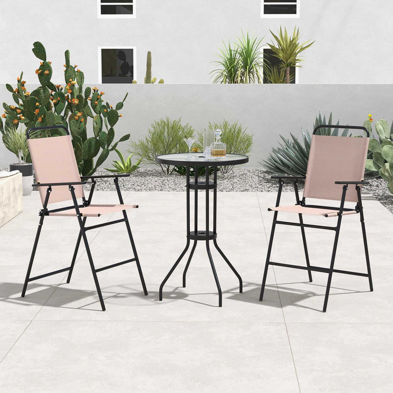 GIANTEX Set da Bistrò, Tavolo Alto Rotondo con Piano in Vetro e 2 Sedie Pieghevoli, Tessuto Traspirante, Set di Mobili per 2 Persone, per Balcone, Terrazza, Giardino (Senza Ombrellone)
