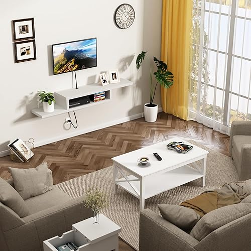 Miniatura 4 de ChooChoo Soporte de TV montado en la pared, soporte de consola multimedia, estante de almacenamiento de TV de 60 pulgadas, estante flotante de