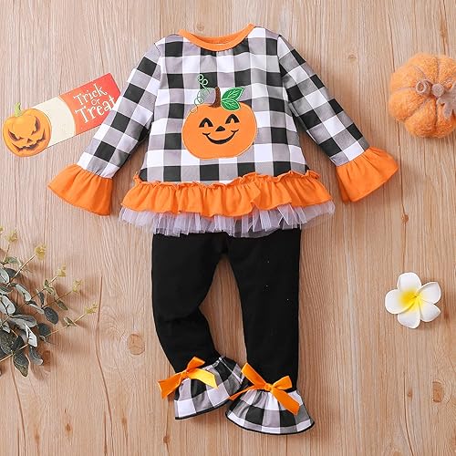 Miniatura 7 de Conjunto de ropa de Halloween para niña pequeña de 1 a 6T, camisetas de calabaza a cuadros, camisetas sin botones, camisetas y pantalones