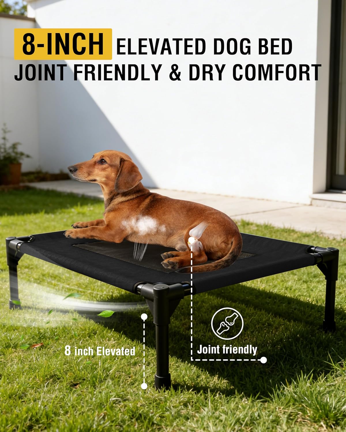 Elevated Dog Cot Bed with Durable Steel Frame&Breathable Mesh Cooling Surface, Easy to Clean, Raised Dog Cot Bed for Indoor&Outdoor Use,32x24x8 Inches Black Dog Bed,Size S.