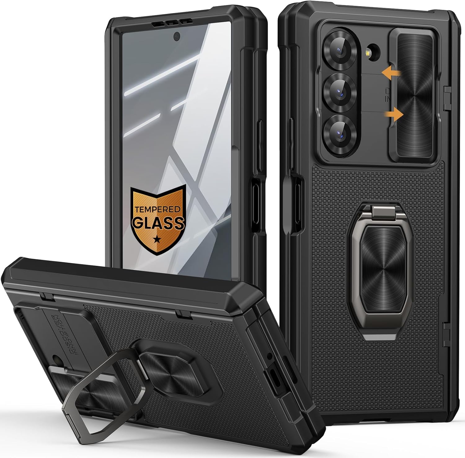 Vihibii for Samsung Galaxy Z Fold 6 Case Silicone with Ring Stand [Military Grade Drop Protection], Camera Cover & Screen Protector & Hinge Protection, Hard Back TPU Edge Kickstand Phone Case, Black