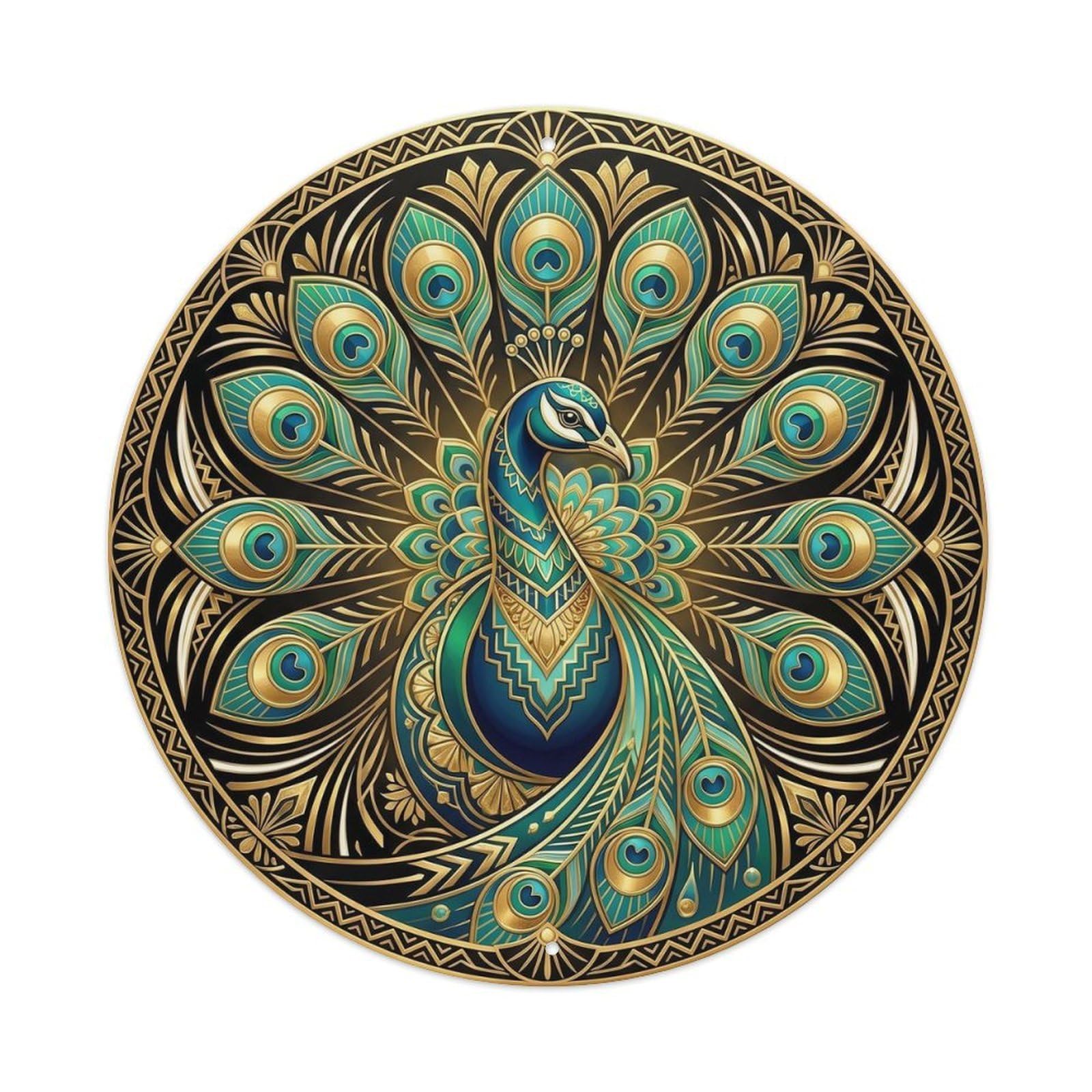 Peacock Radiant Bird Deco Style Pure Circle Feather Display Metal Tin Sign Plaque Wall Decor for Cafe, Man Cave, Club Bar, Office, Home Garden Round Metal Poster 8x8Inch