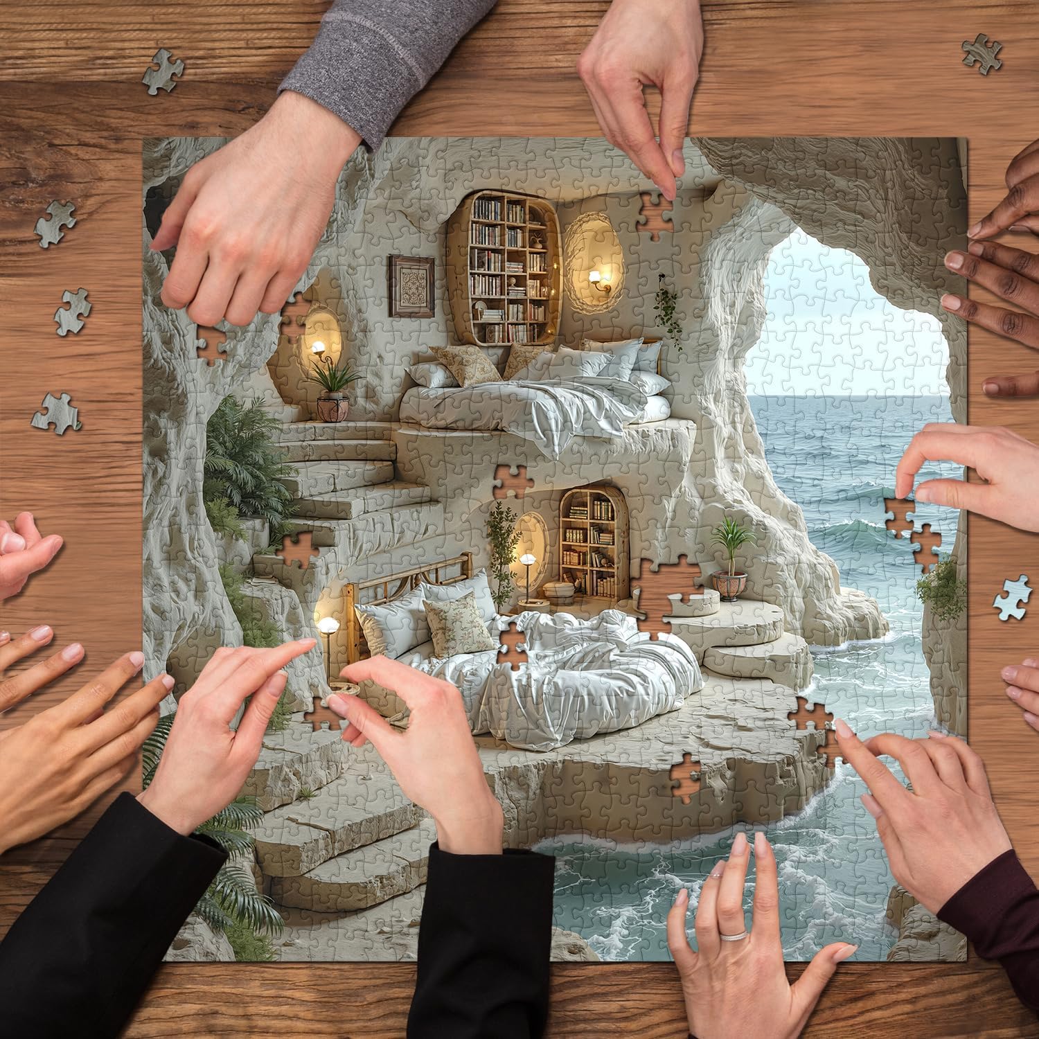 Ocean House Puzzles for Adults 1000 Pieces, Fantasy Seaside Cave Jigsaw Puzzle, Dreamy Cliffside Stone Home Puzzle