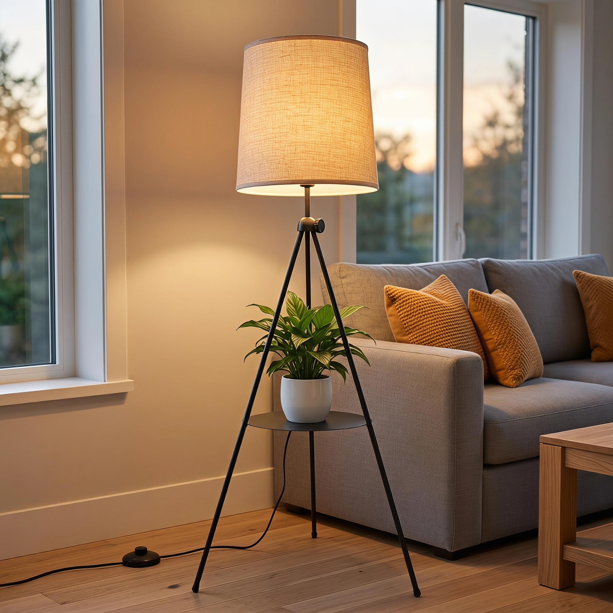 BARCELONA LED Stehlampe Madison Beige Mit Beistelltisch | Beiger Textilschirm, Stabiles Dreibeingestell, Höhenverstellbar, E27 Fassung, Angenehmes Raumlicht