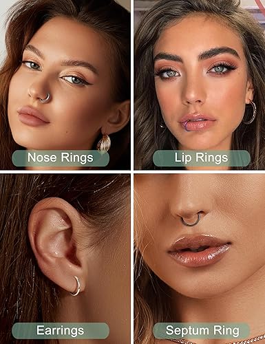 Miniatura 4 de Drperfect 36 aros de nariz de 0.71 oz para mujeres y hombres, acero inoxidable 316L, hélix, tragus, labio, septum, cartílago, aro, piercing, joyería
