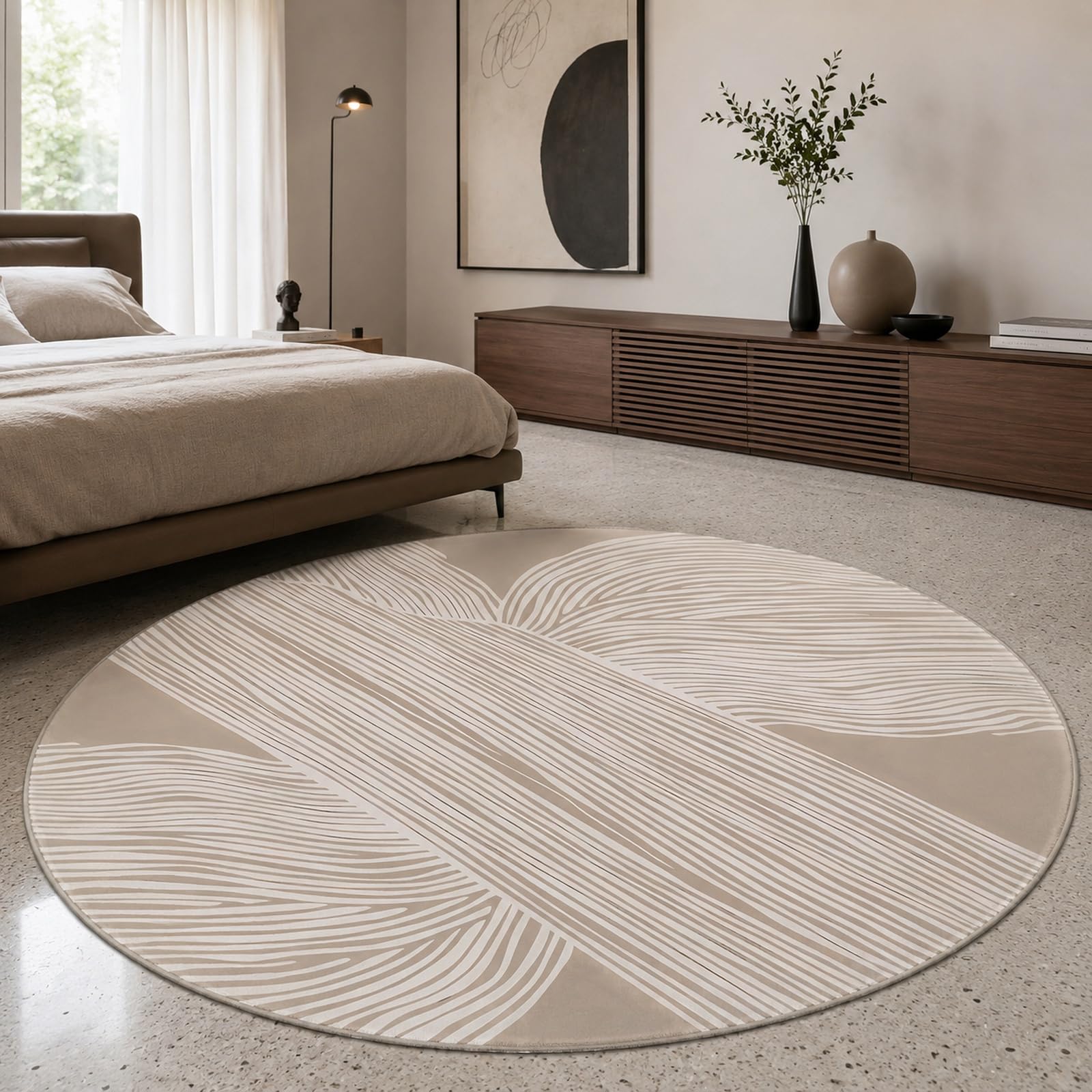 Tapis rond abstrait moderne beige et blanc 80 cm lavable pour salon