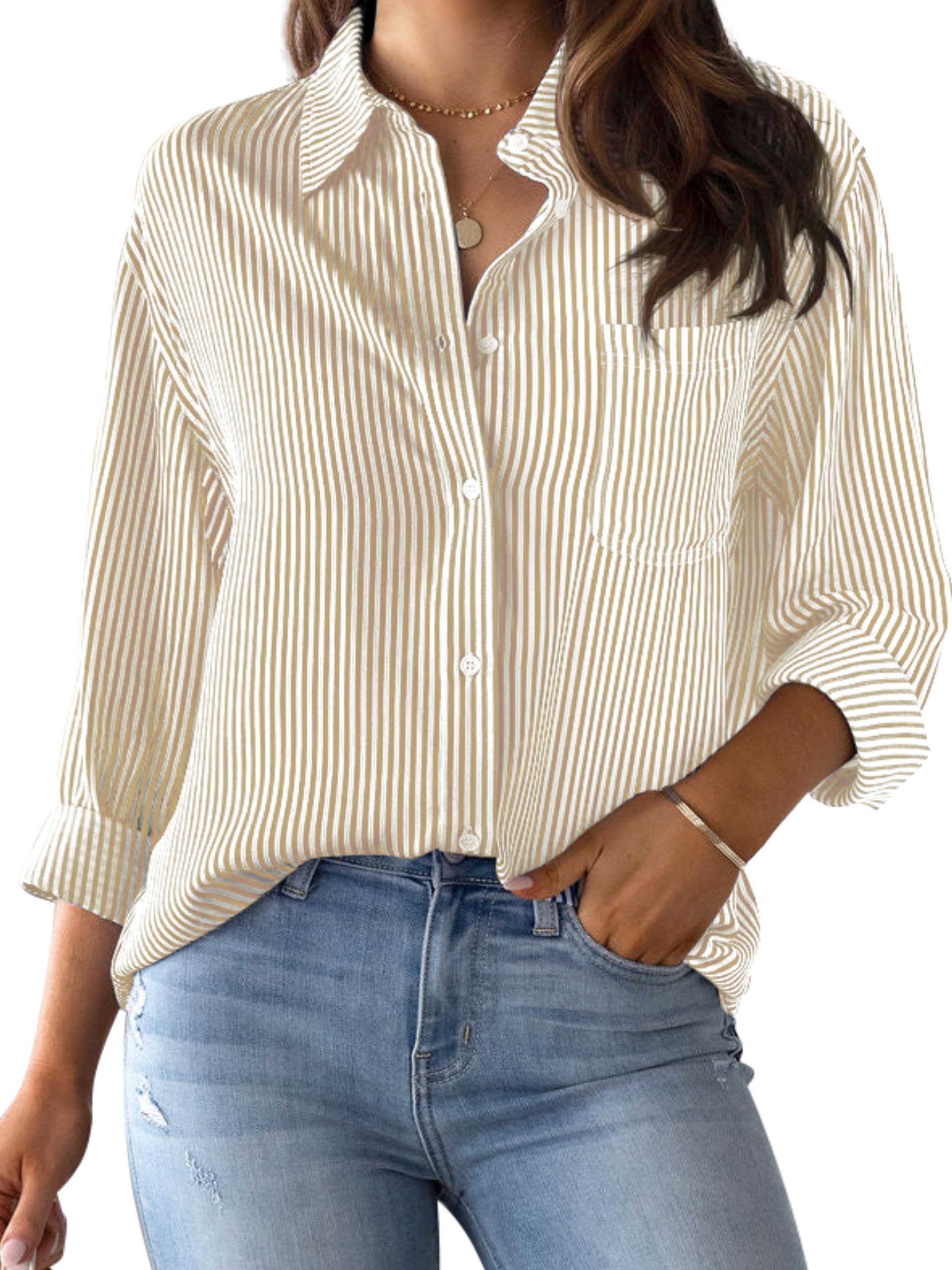Women's Wrinkle-Resistant Striped Long Sleeve Button Down Shirt