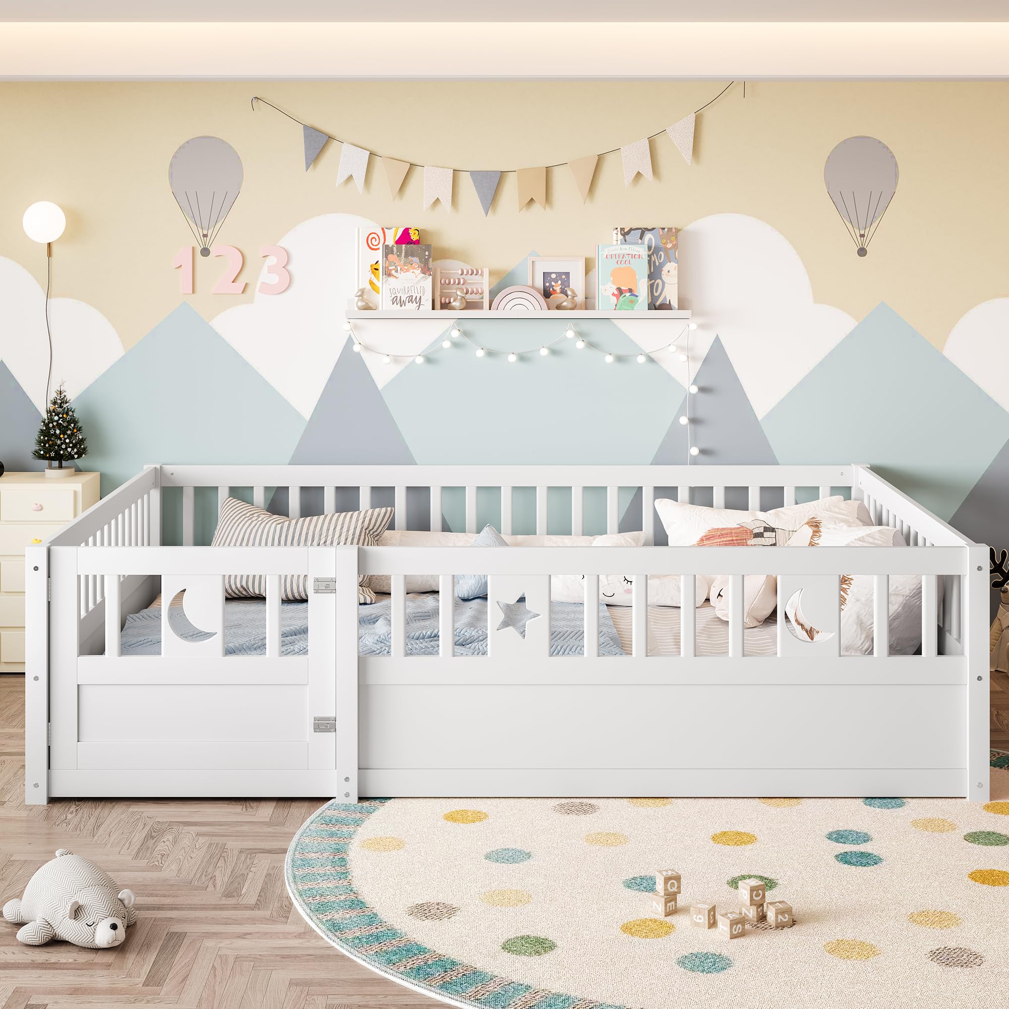 Letto per Bambini 140 x 190 con Ringhiera, Montessori Letto a Terra Bambino con Rete a Doghe, decorazione a Stella e Luna, Struttura letto in Legno di pino(Senza Materasso)