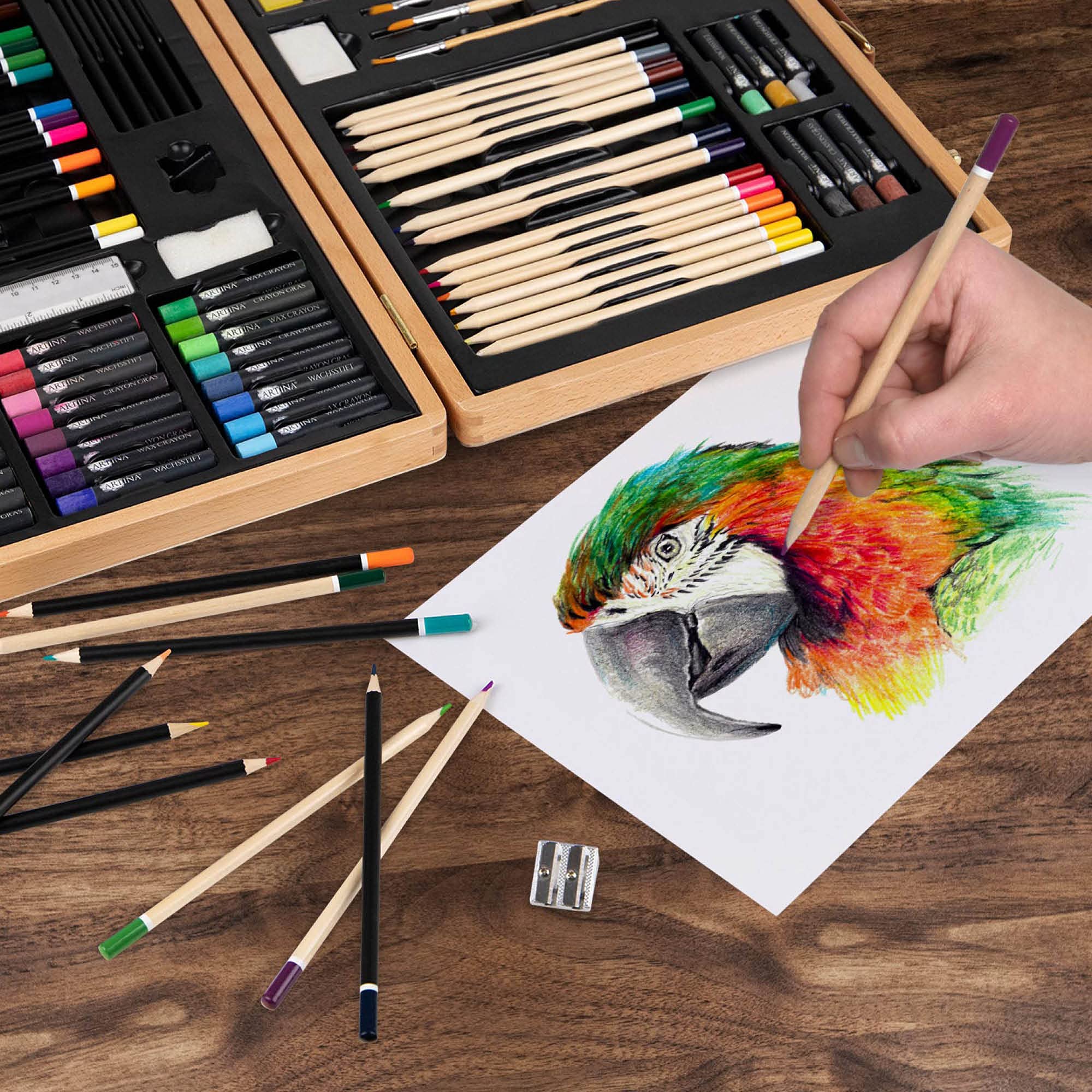 Artina set de peinture XXL 89 pièces avec coffret en bois dessin crayons | kit acrylique aquarelle crayons craies pinceaux enfant cadeau Noël mallette artiste couleur Débutant Genova