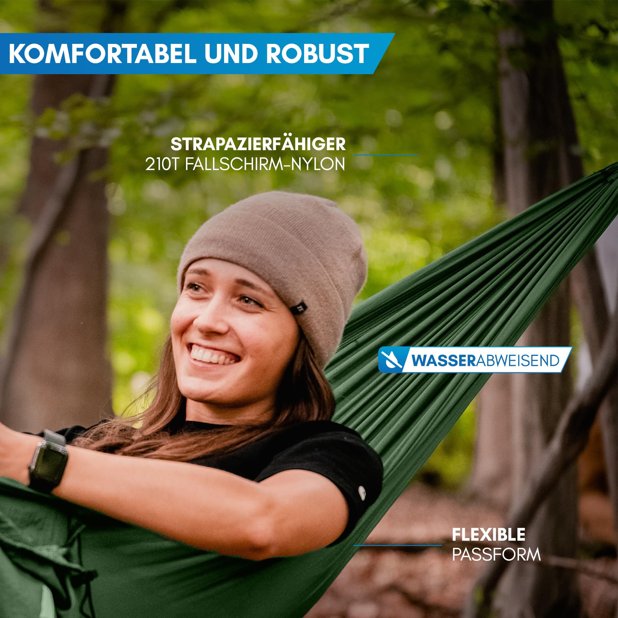 NORDMUT® Ultraleichte Hängematte Outdoor [mit Befestigungs-Set] Camping Hängematte inkl. Baumschutz-Set für Camping, Outdoor und Garten - max. Belastbarkeit 300 kg