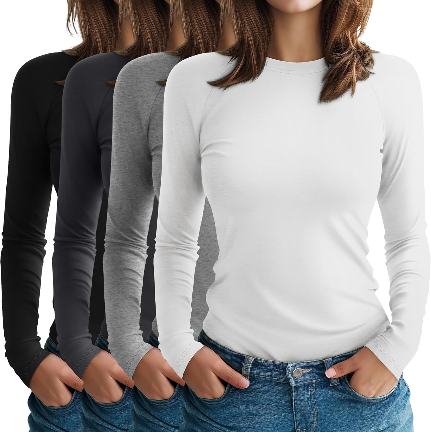 4 Pack Women's Long Sleeve Shirt Slim Fit Crew Neck Tops Casual Basic Stretch Cotto...