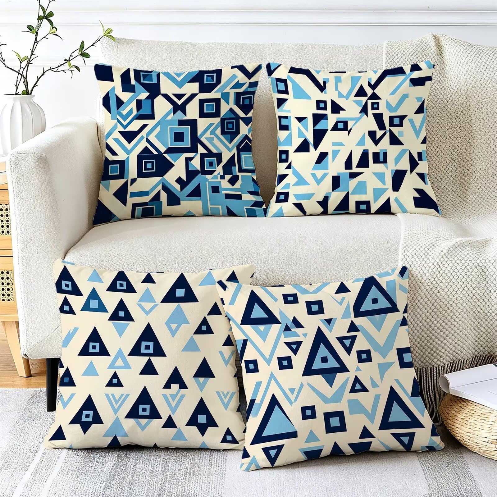 Blu Federe Cuscini Divano 50x50cm, Cuscini da Esterno Set de 4, Cod-91 | Velour Copricuscini Decorativi Letto Arredo, per Letto, Soggiorno, Giardino, Esterno, Casa Decorazione Set di 4 Geometria