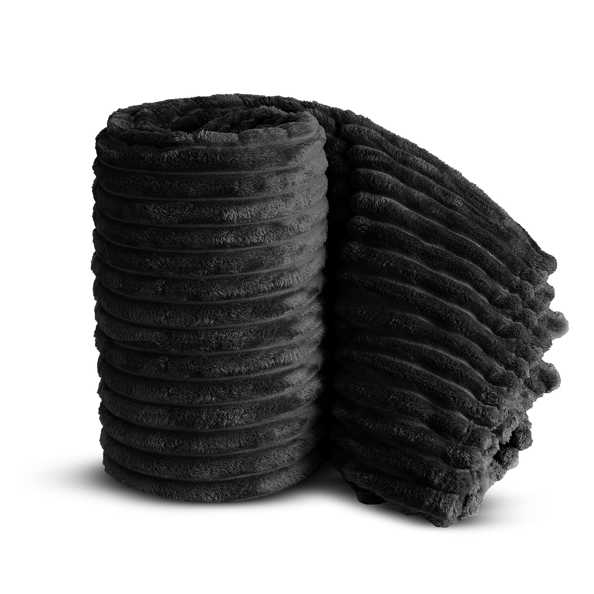 Velosso Chunky Ribbed Thick Super Soft Faux Fur Mink Ribbed Cord Blanket Bed Throwover Sofa Lounge Throw Blanket (Black, 150 x 200cms)