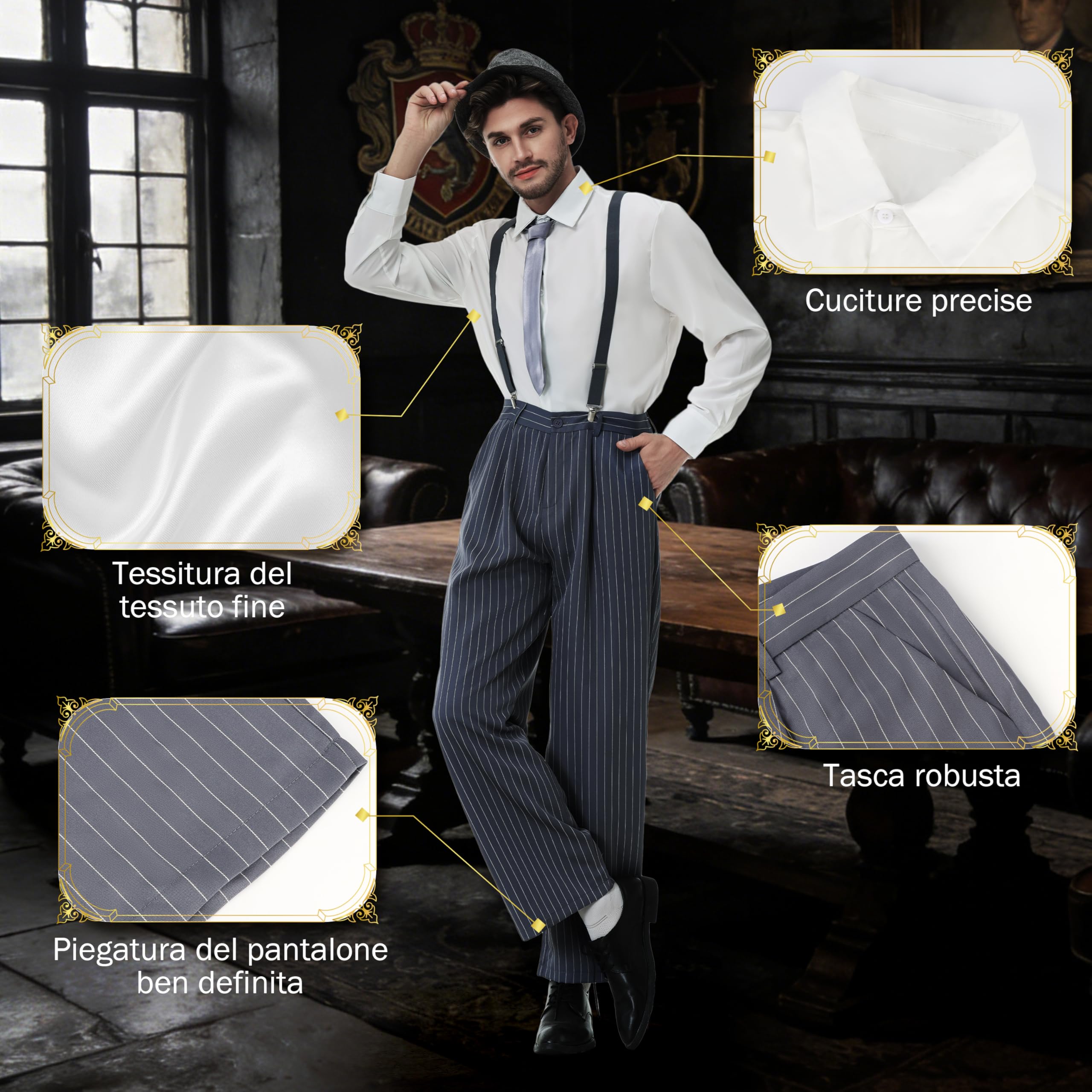 Charmofun Vestiti Anni 20 Uomo, Costume Gangster Uomo Anni ’20 con Camicia, Pantaloni, Bretelle e Cappello, Set di Accessori Mafia Vintage per Carnevale e Feste a Tema (Grigio, L)