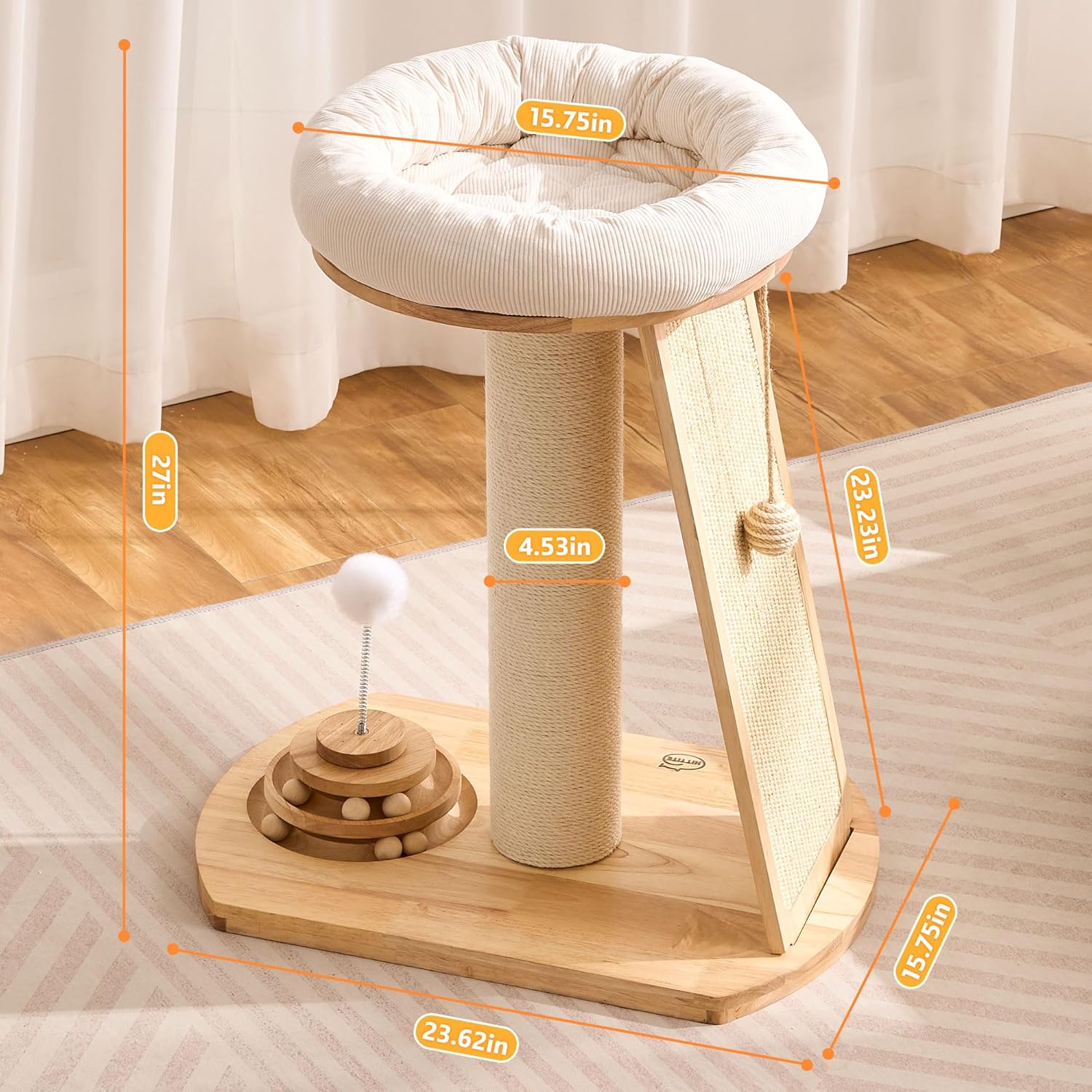 HITTITE Solid Wood Cat Tree Tower, Cat Scratching Post with Bed, 27" Small Cat Tree, Compact Cat Tower with Scratching Pad and Removable Cat Bed, Modern Cat Tower for Indoor Cats Large Adult.
