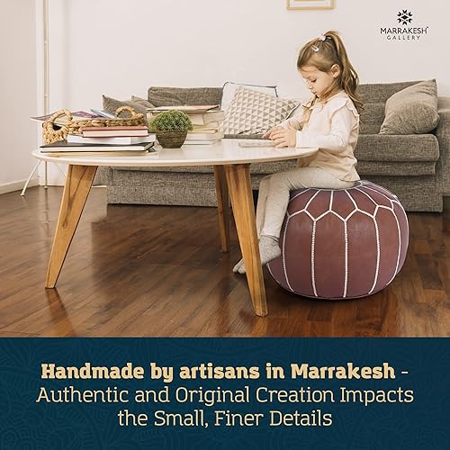 Miniatura 119 de Marrakesh Gallery - Funda de puf marroquí, otomana redonda y grande de piel, decoración bohemia para sala de estar, reposapies, sin relleno Marrón