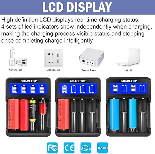 Miniatura 4 de Cargador de batería 18650 Pantalla LCD de 4 bahías para batería recargable de 3.7 V/1.2 V para baterías de iones de litio 18650 14500, baterías